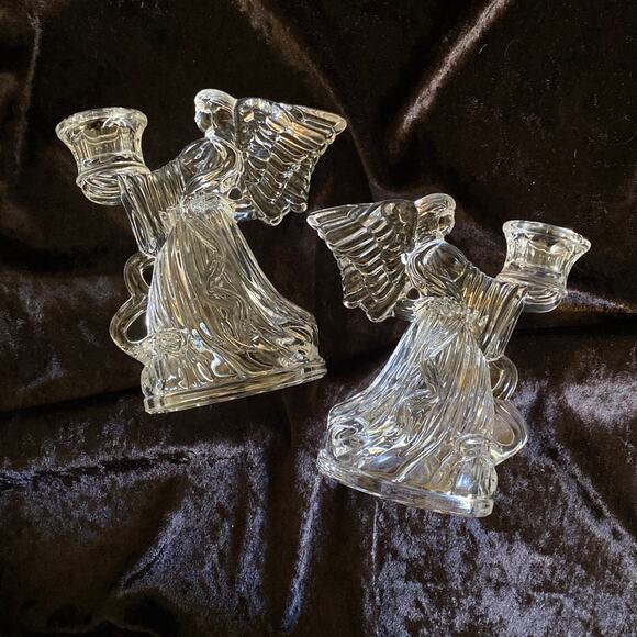 Pair Cherub Angel Candlestick Holders Mikasa Lead Crystal Clear Vintage Decor 2 - Picture 5 of 11